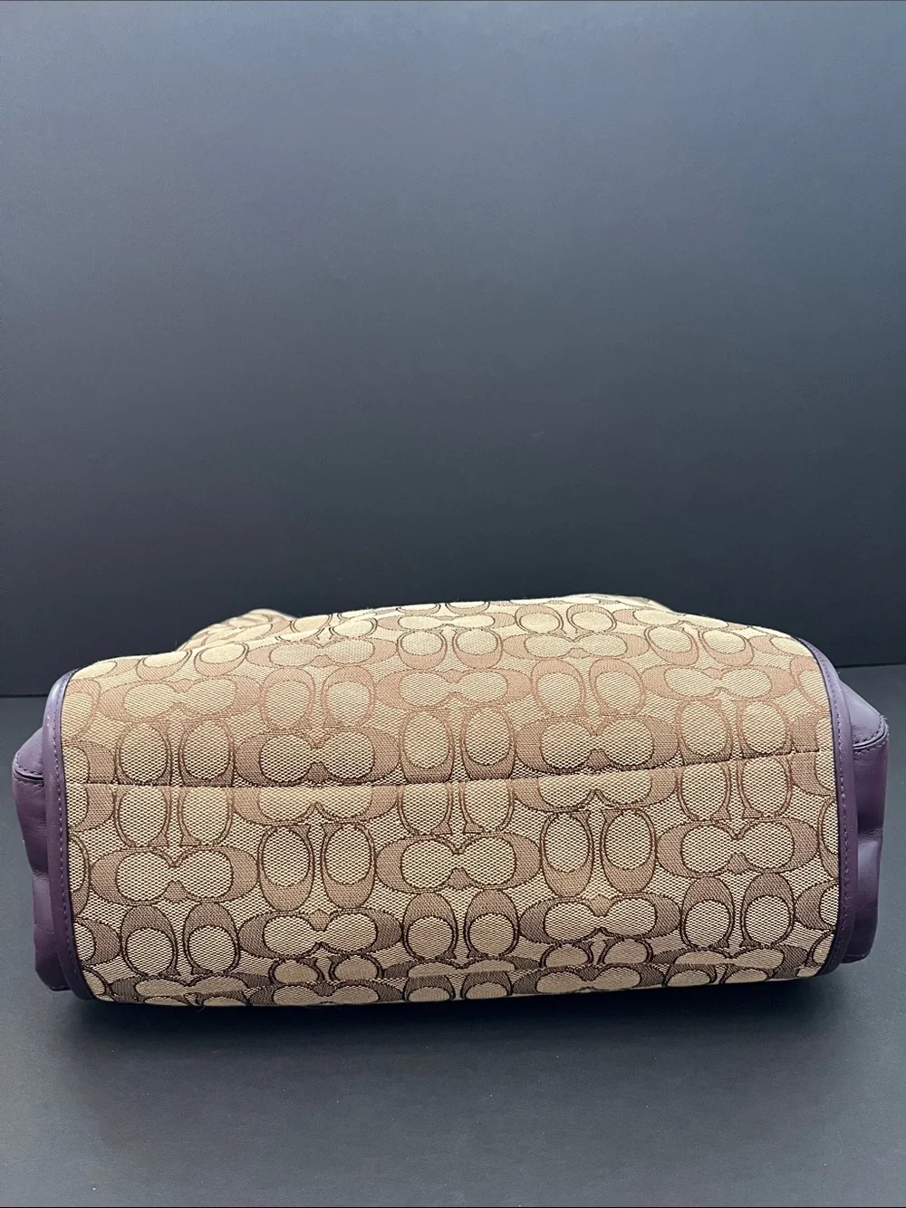 Coach Brown Signature Jacquard Shoulder Bag with Purple Trim. 3 compartments.GUC